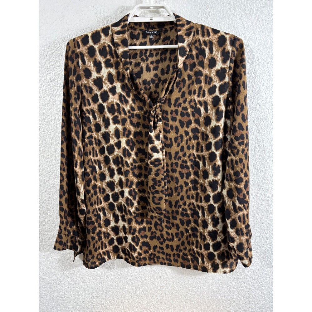 Misook Blouse Womens Large Brown‎ Good Leopard Print Tie Neck Long Sleeve Top